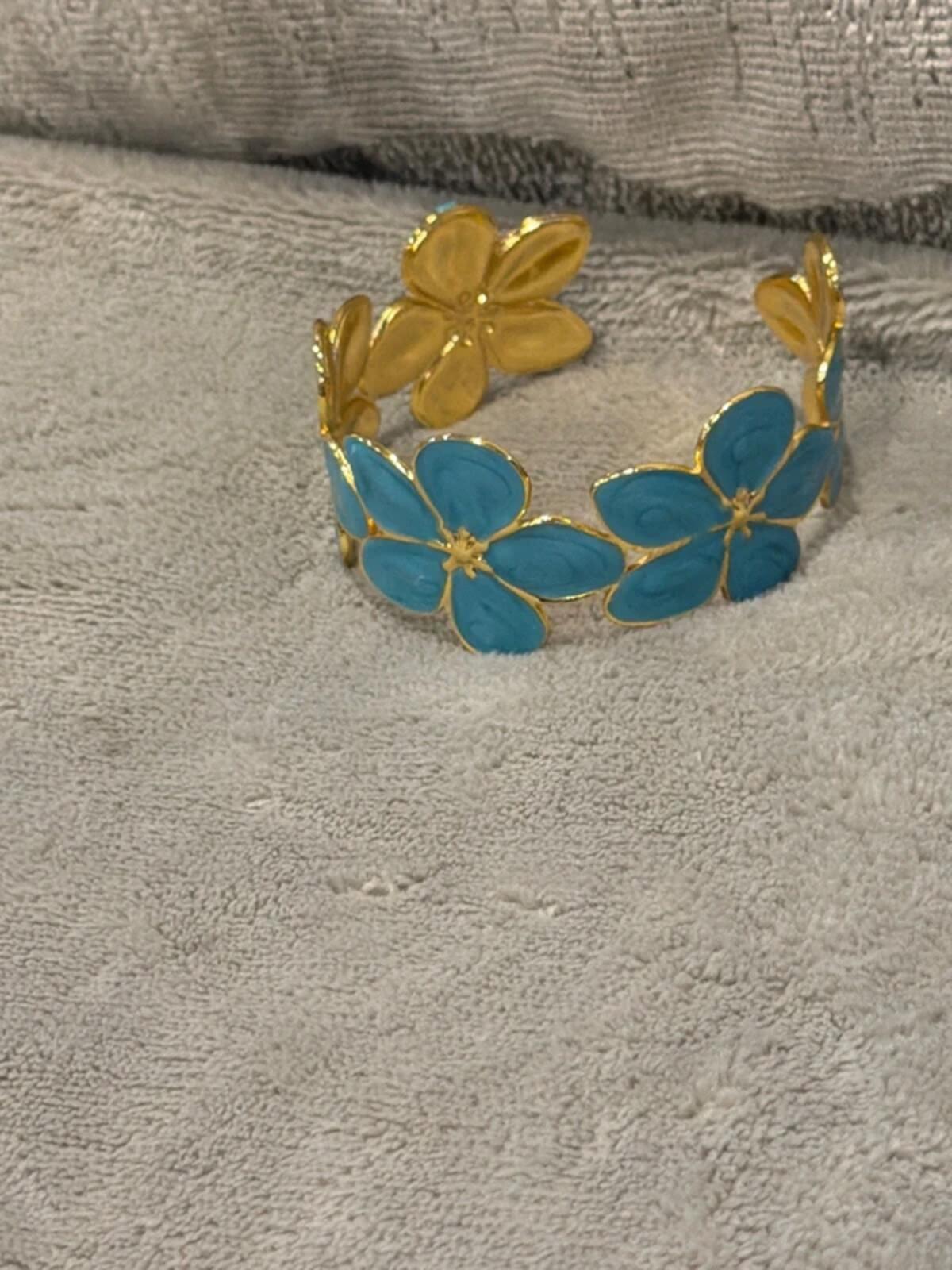 Blue  and gold flower summer jewellery cuff bracelet bangle party wear holiday wedding