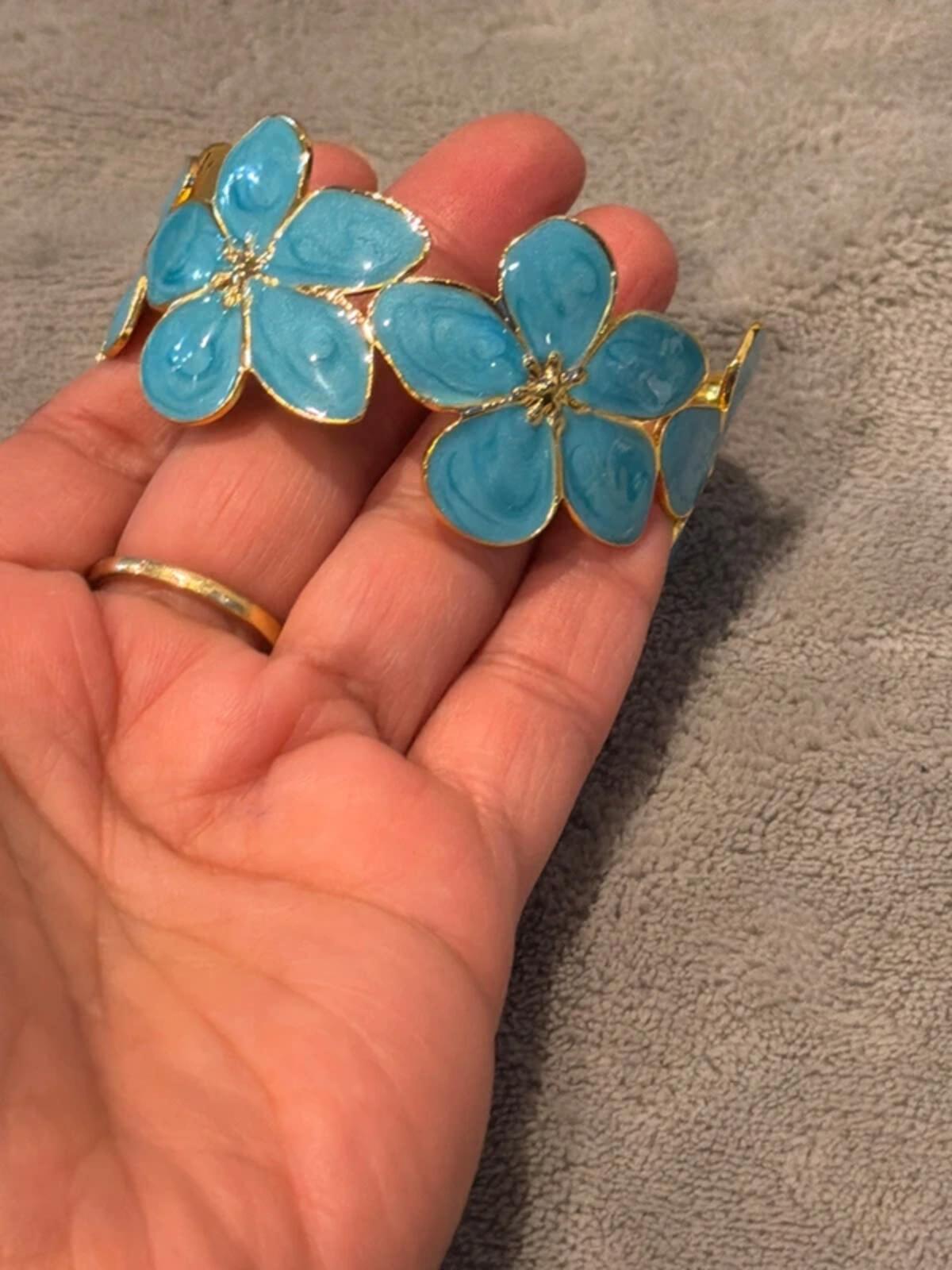 Blue  and gold flower summer jewellery cuff bracelet bangle party wear holiday wedding