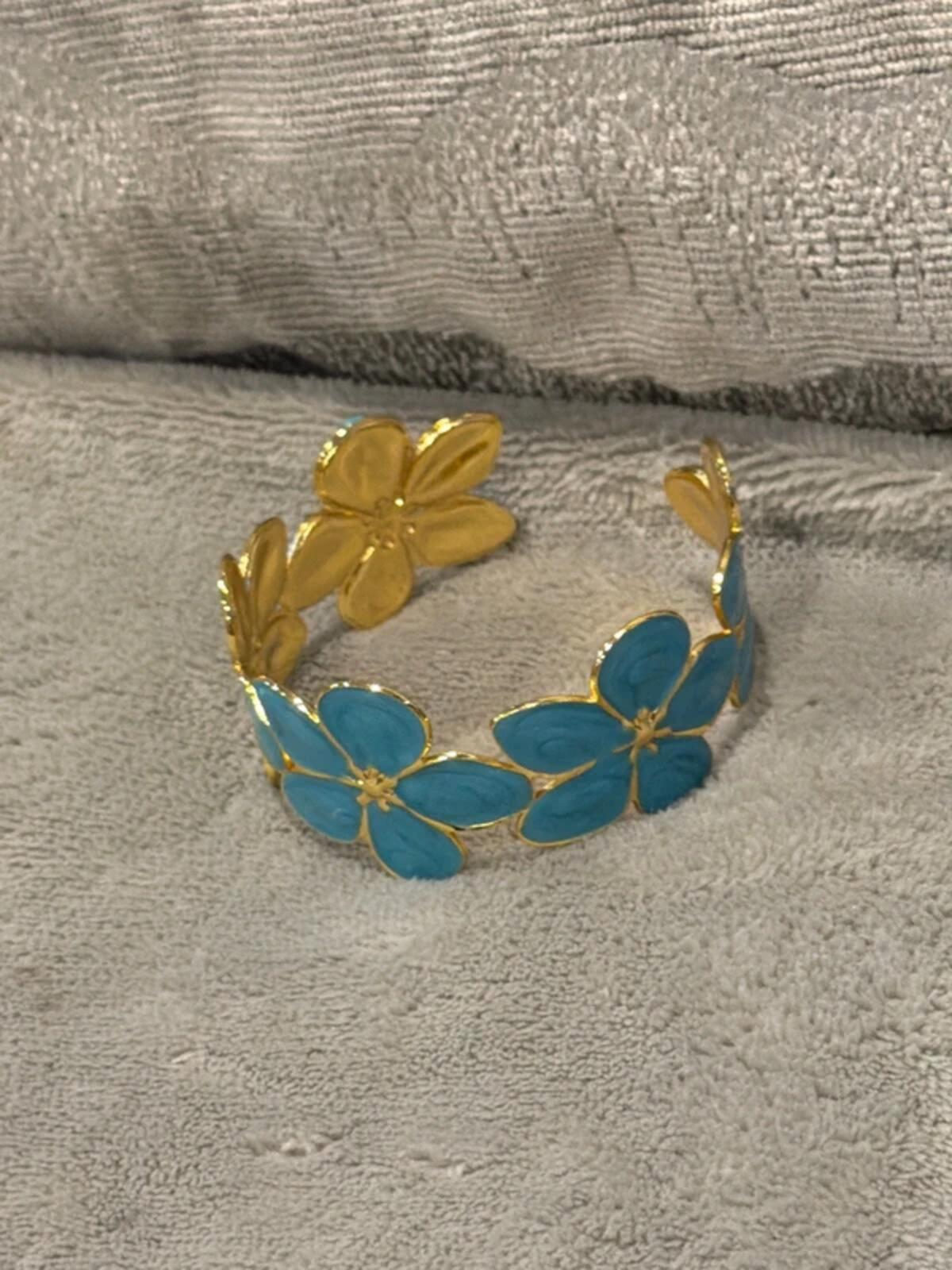 Blue  and gold flower summer jewellery cuff bracelet bangle party wear holiday wedding