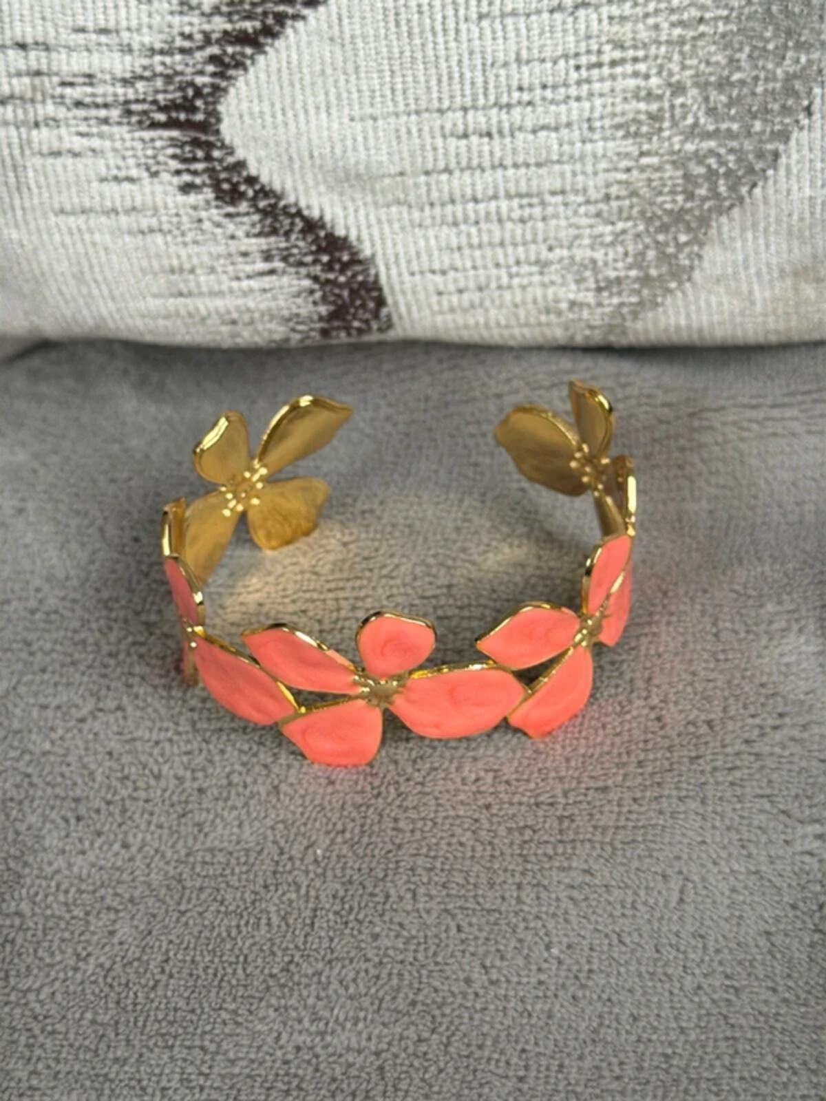 Coral orange cute and gold flower summer jewellery cuff bracelet bangle party wear holiday wedding