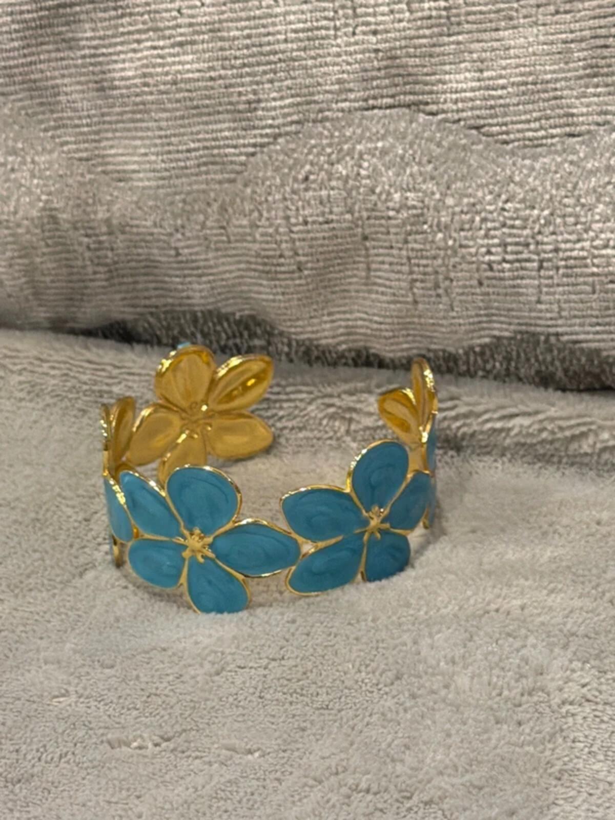 Blue  and gold flower summer jewellery cuff bracelet bangle party wear holiday wedding