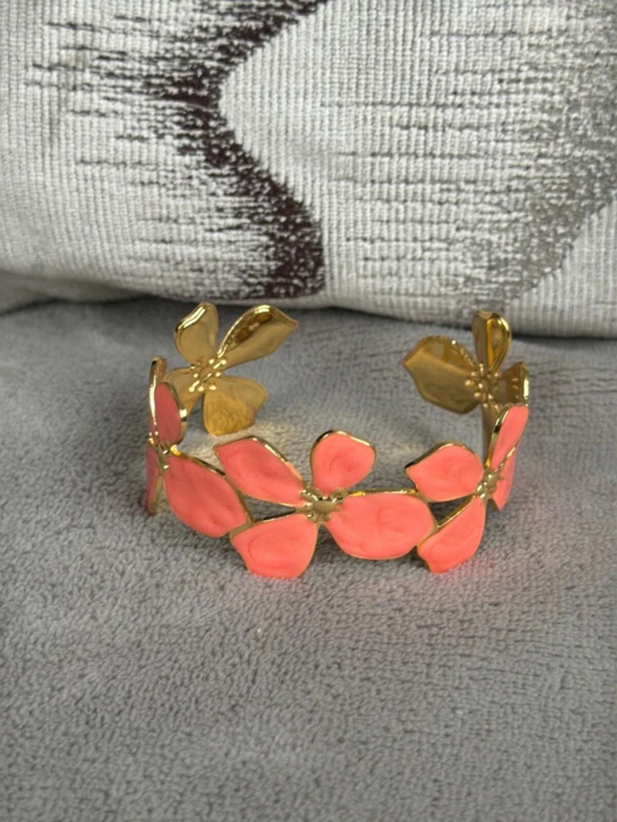 Coral orange cute and gold flower summer jewellery cuff bracelet bangle party wear holiday wedding