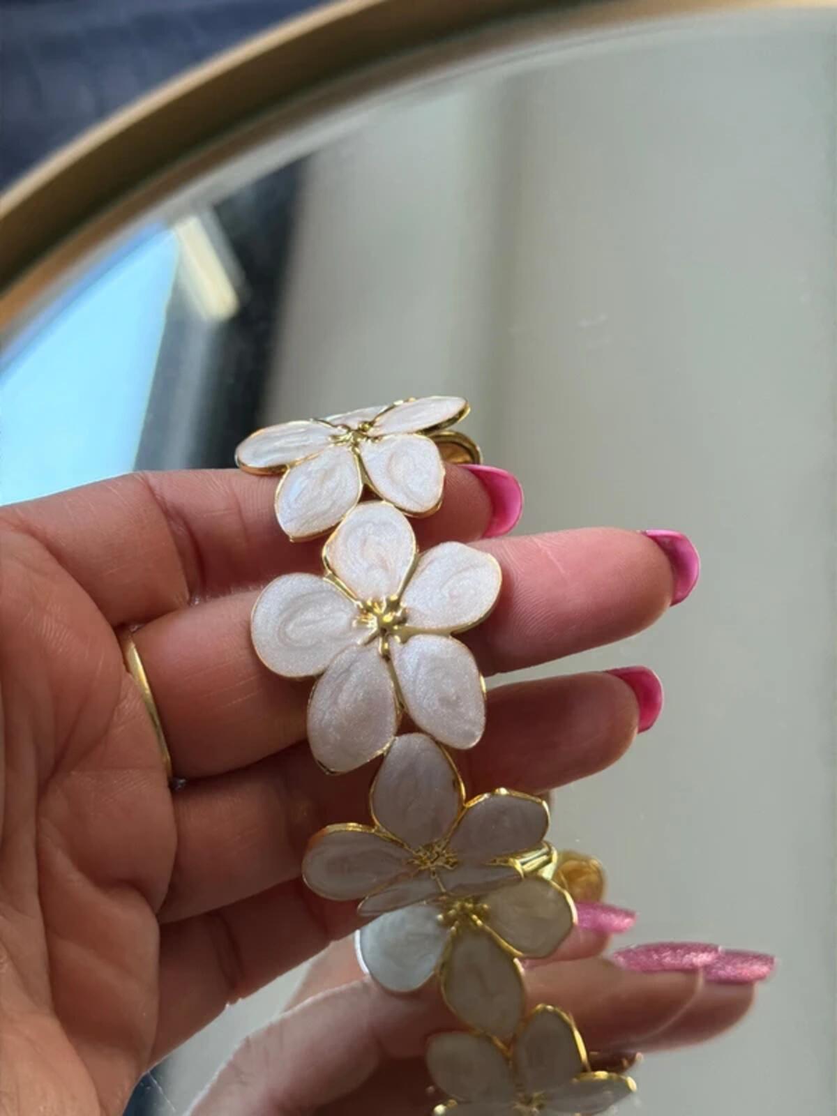 White and gold flower summer jewellery cuff bracelet bangle party wear holiday wedding